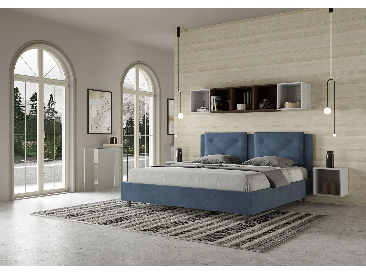 Lit king size avec sommier rembourré 200x210 microfibre bleu Appia