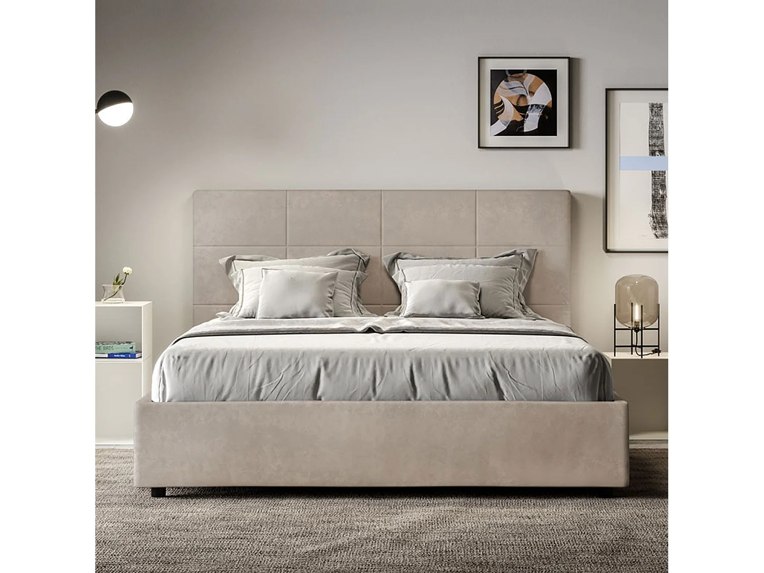 Cama de casal sem estrado estofada 140x190 microfibra areia Mika