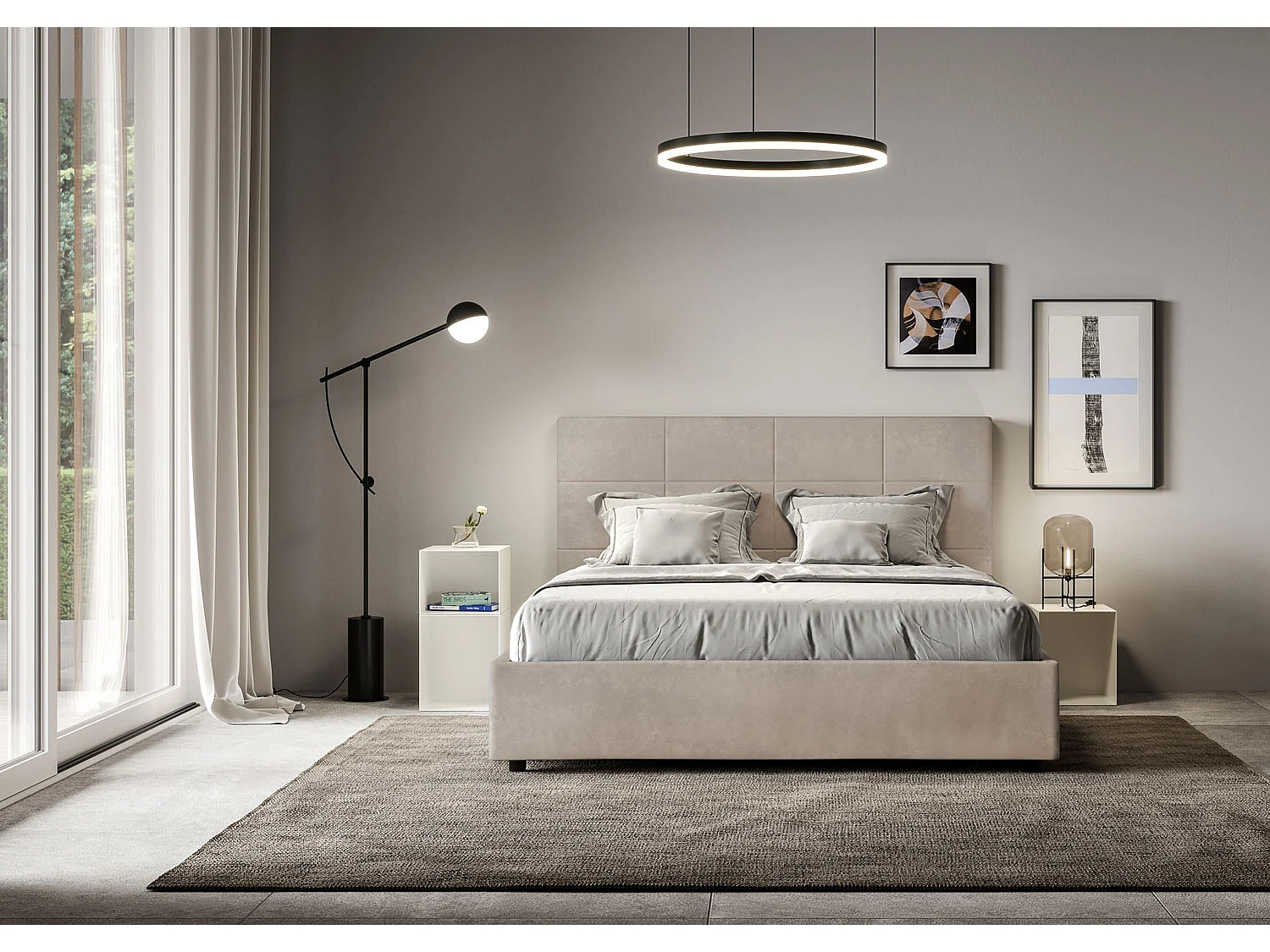Cama de casal sem estrado estofada 140x190 microfibra areia Mika