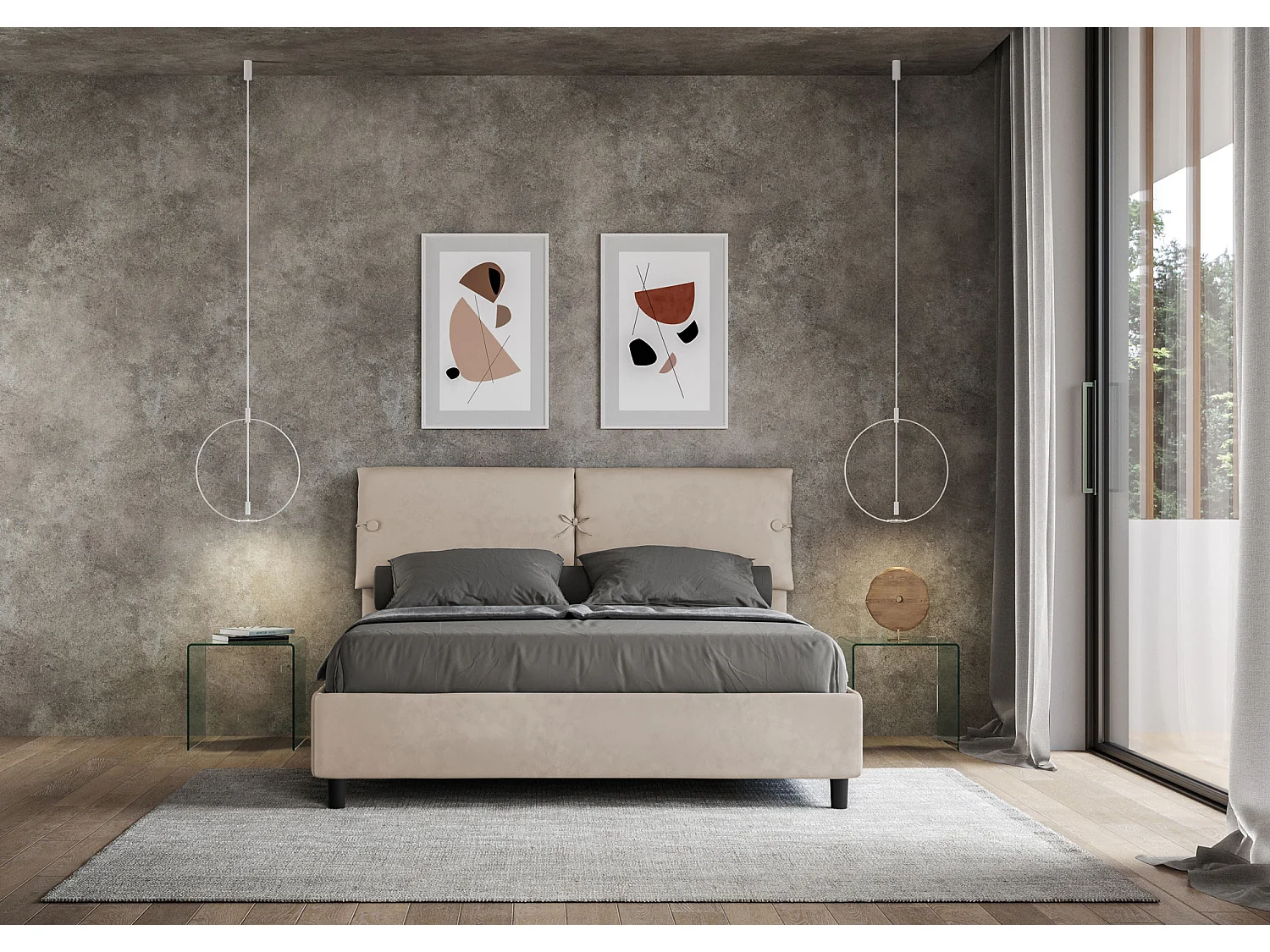 Lit sans sommier rembourré 160x190 microfibre sable Mados