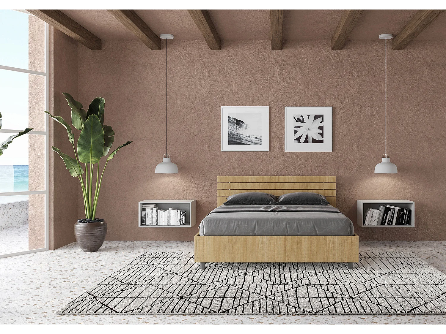 Lit double sans sommier 140x200 tête de lit inclinée avec des lames chêne nature Ankel