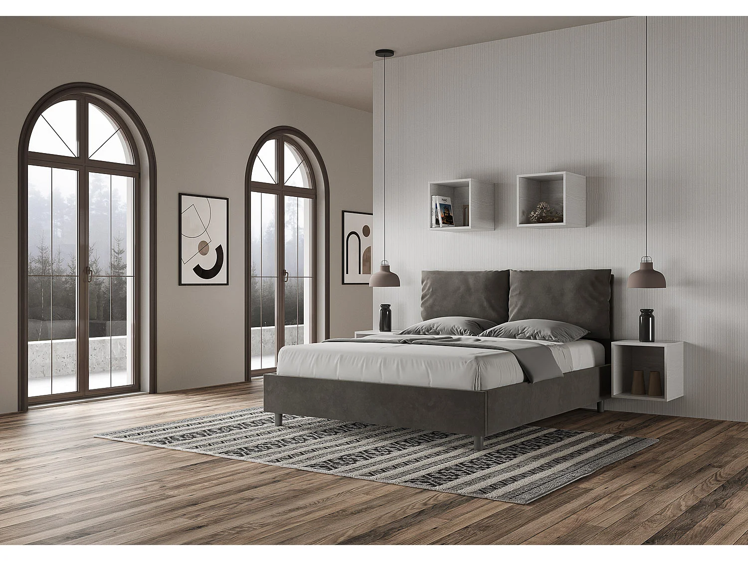 Lit avec sommier rembourré 160x190 microfibre gris Antea