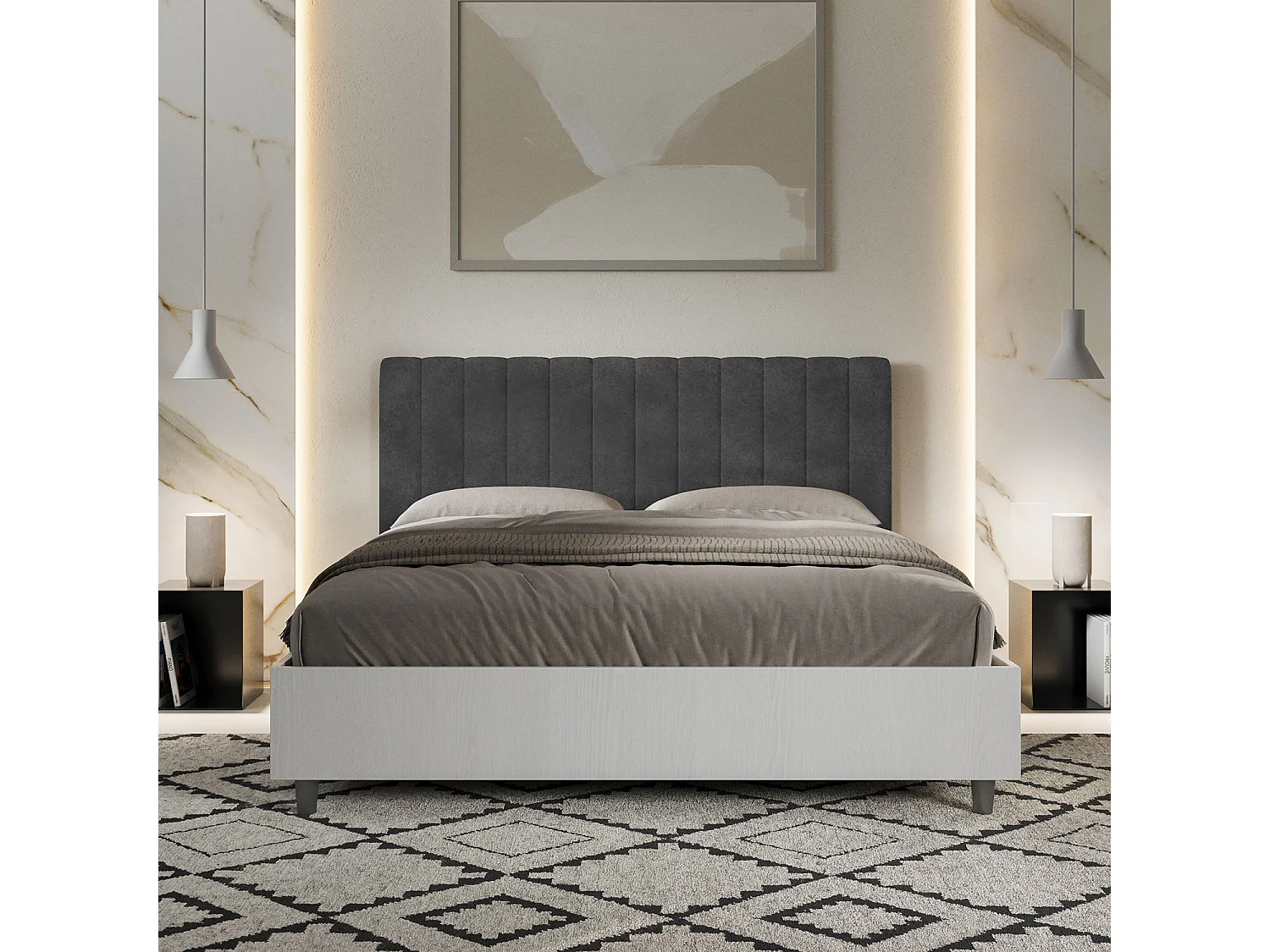 Lit sans sommier 160x190 structure frêne blanc tête de lit microfibre gris Kaia