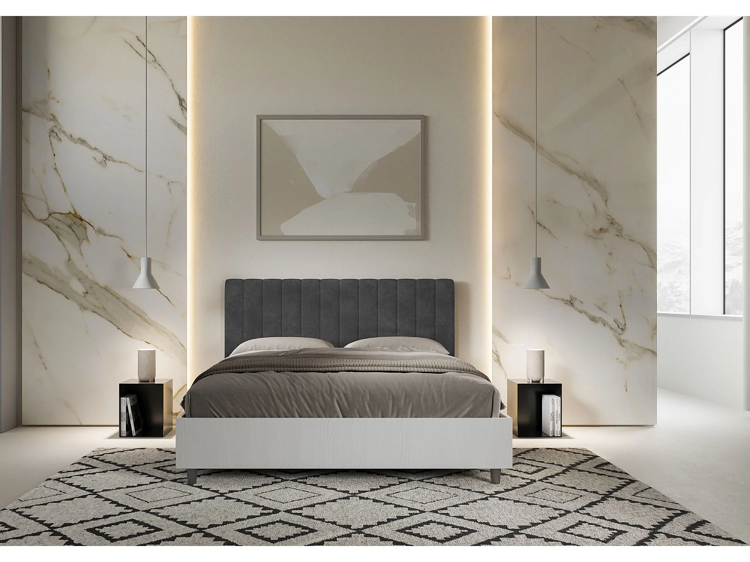 Lit sans sommier 160x190 structure frêne blanc tête de lit microfibre gris Kaia