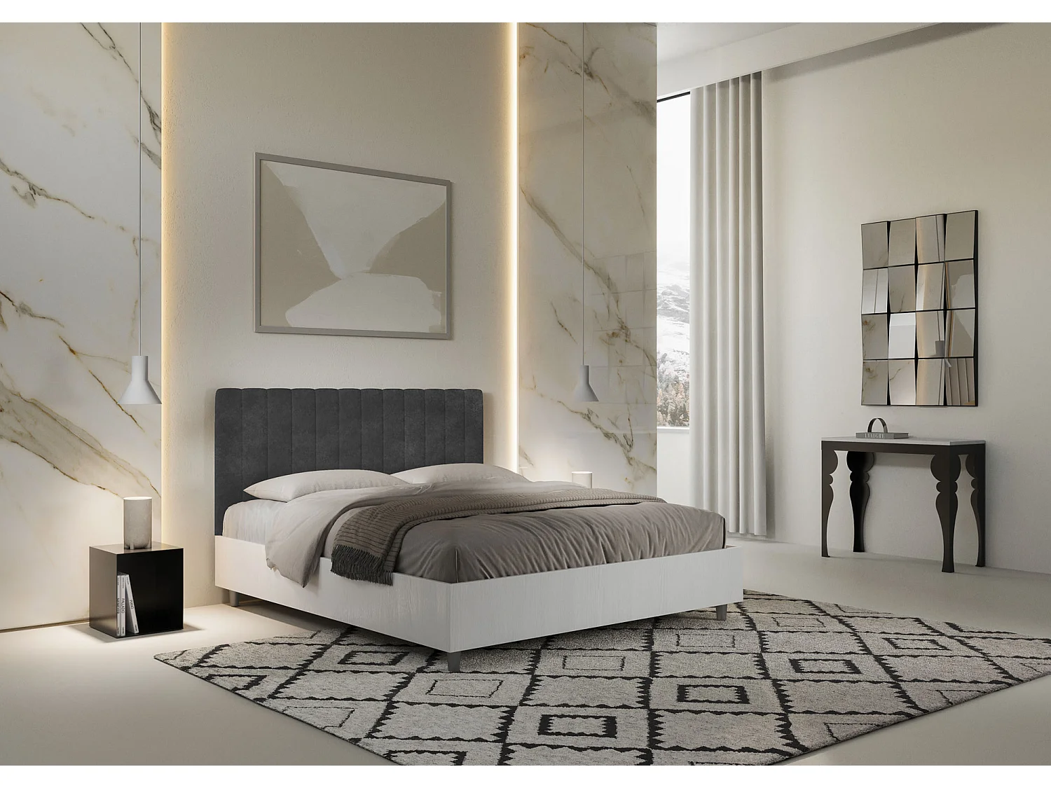 Lit sans sommier 160x190 structure frêne blanc tête de lit microfibre gris Kaia