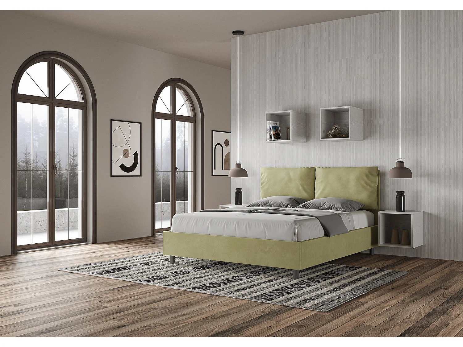 Lit avec sommier rembourré 160x190 microfibre vert Antea