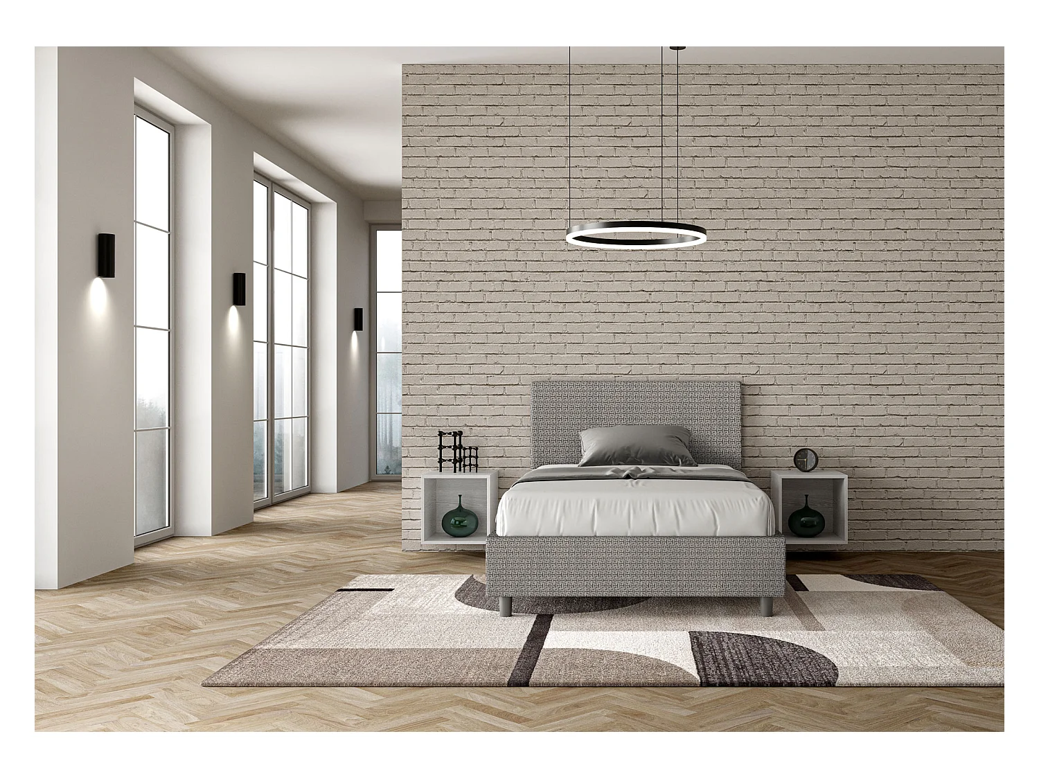 Lit 1 place et demi sans sommier rembourré 120x190 tissu Labirinto 2 gris Adele