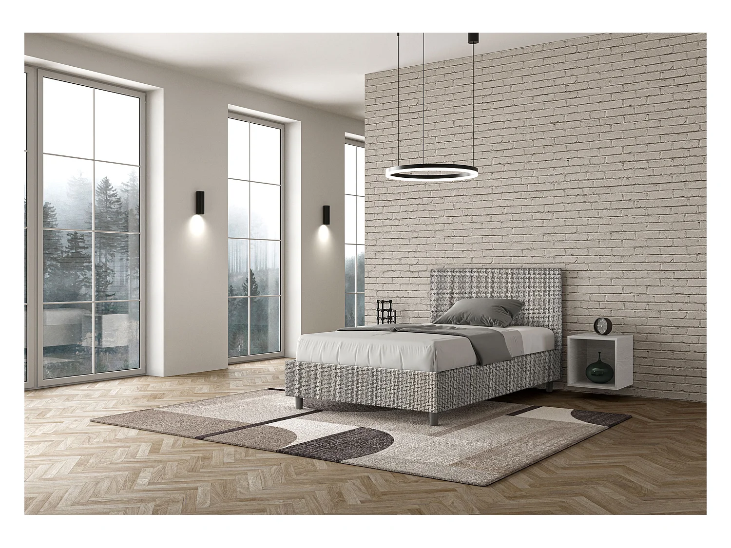 Lit 1 place et demi sans sommier rembourré 120x190 tissu Labirinto 2 gris Adele