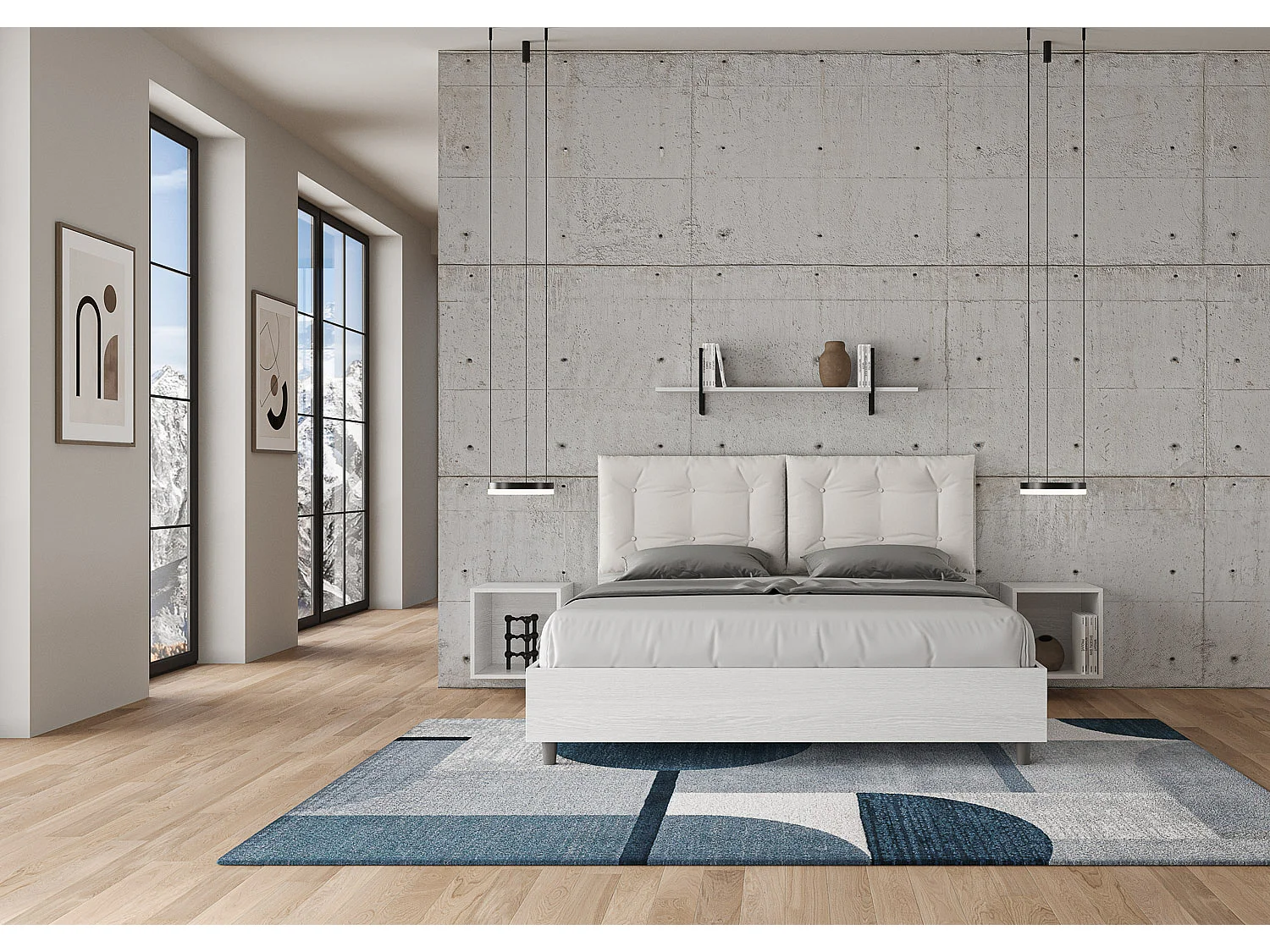 Lit queen size avec sommier 160x200 frêne blanc coussins similicuir blanc Egos Annalisa