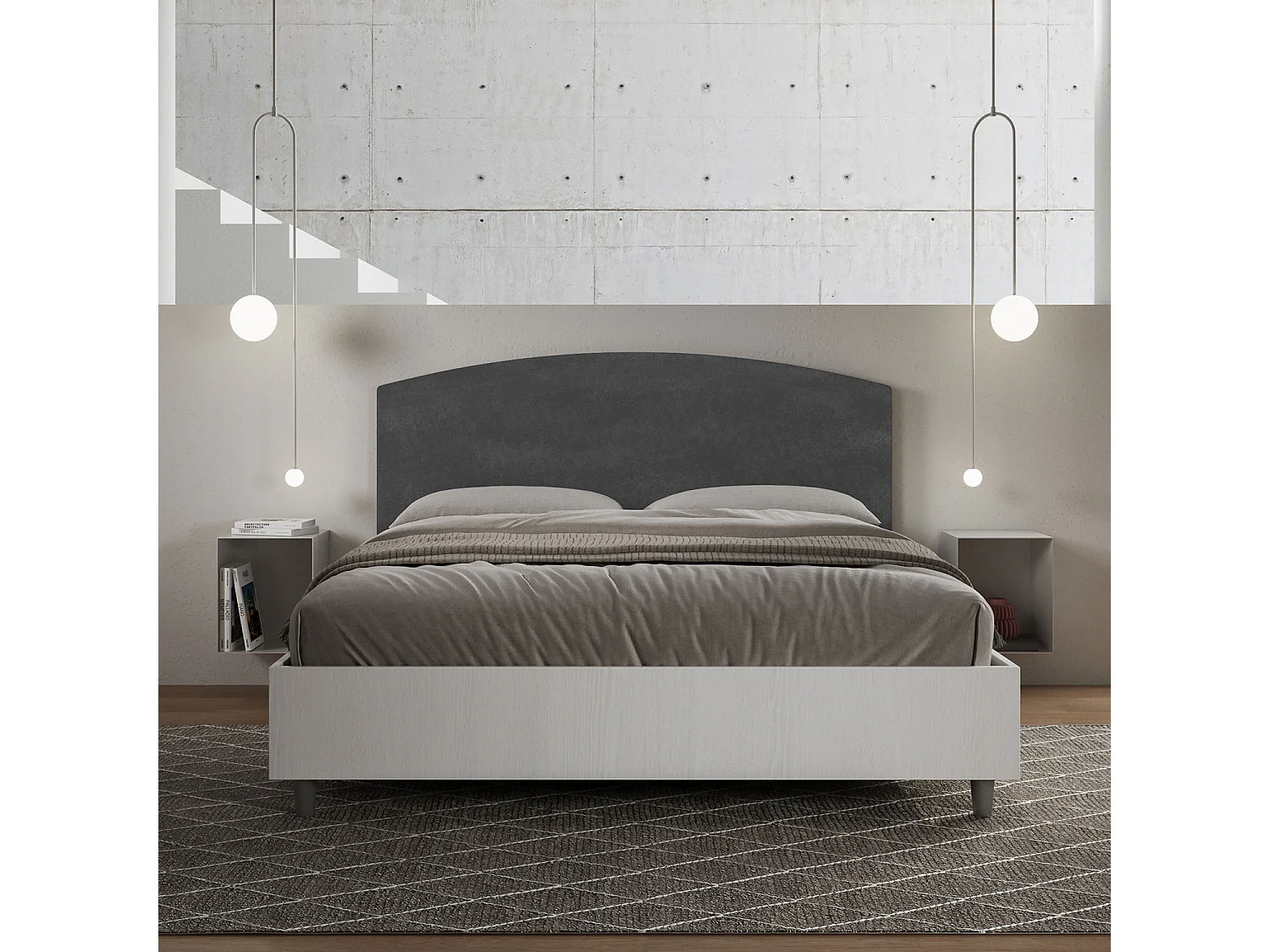 Lit sans sommier 160x190 structure frêne blanc tête de lit microfibre gris Antilia