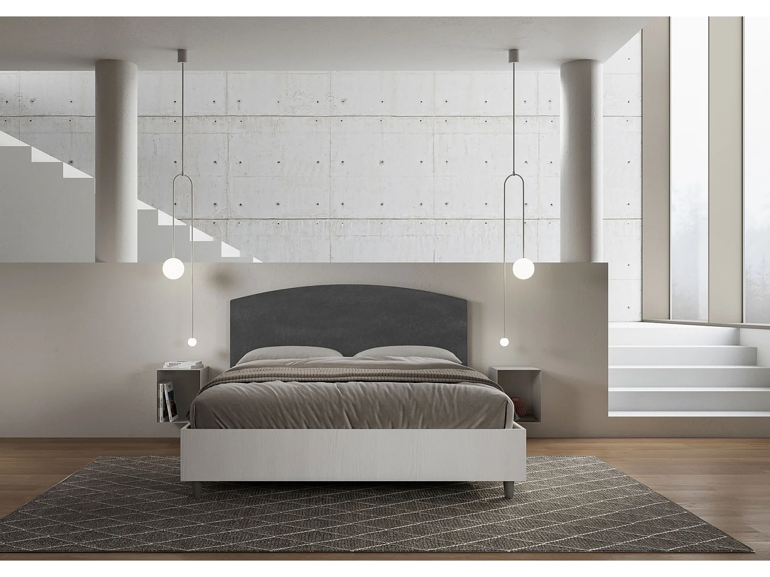 Lit sans sommier 160x190 structure frêne blanc tête de lit microfibre gris Antilia