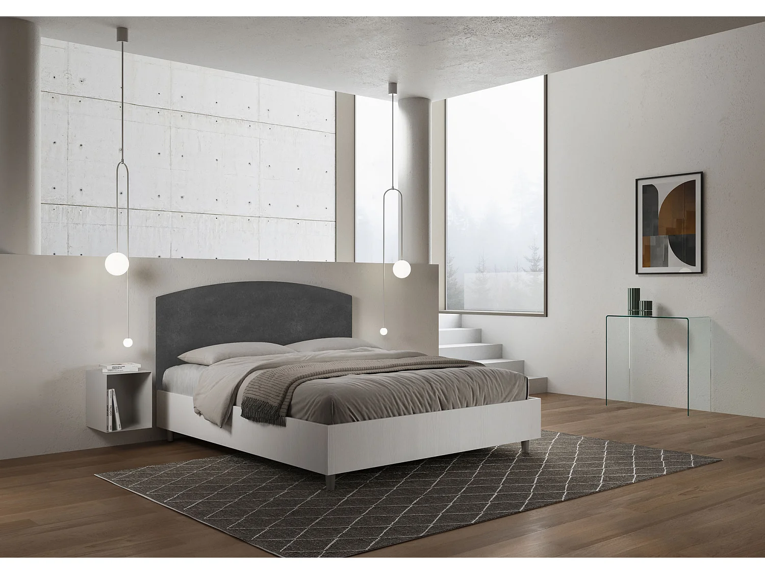 Lit sans sommier 160x190 structure frêne blanc tête de lit microfibre gris Antilia
