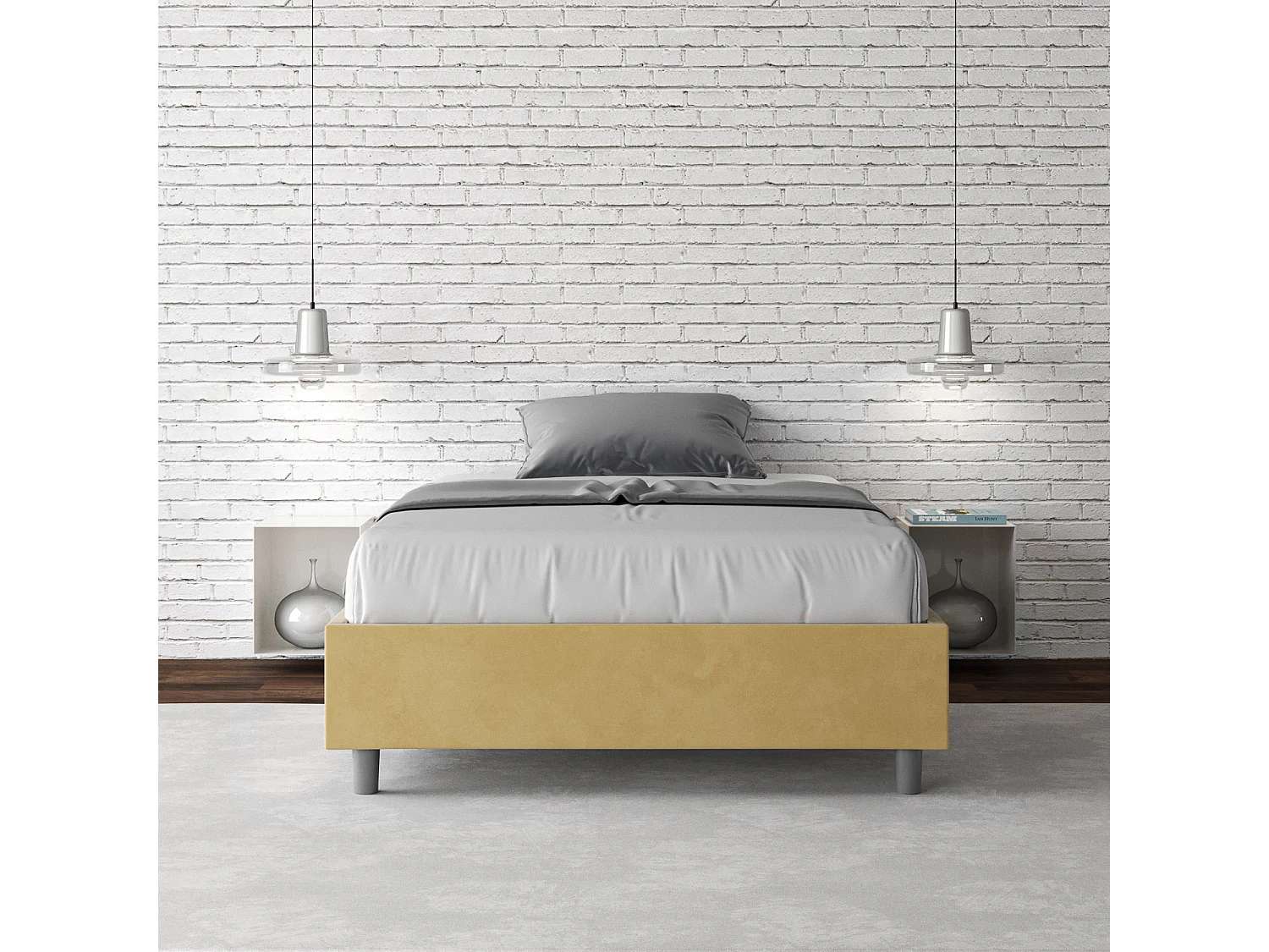 Cadre de lit 1 place et demi avec sommier rembourré 120x190 microfibre ocre Azelia