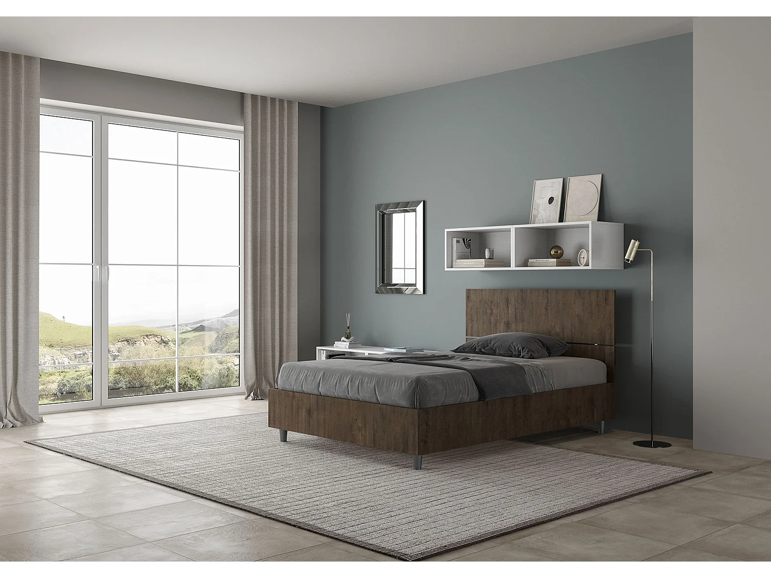 Cama de corpo e meio con estrado 120x200 cabeceira reta nogueira Demas