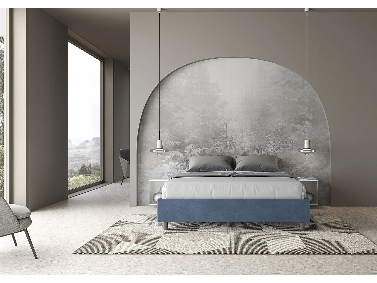 Letto senza rete imbottito 160x190 microfibra blu Azelia