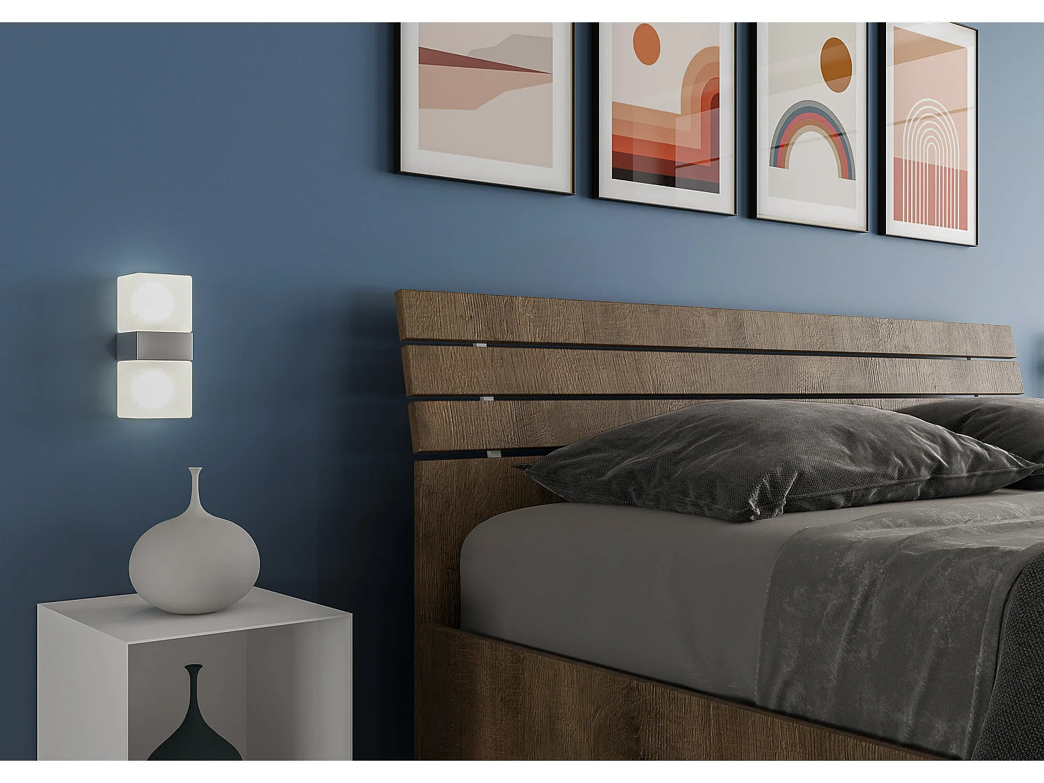 Lit avec sommier 160x200 tête de lit inclinée avec des lames noyer Ankel