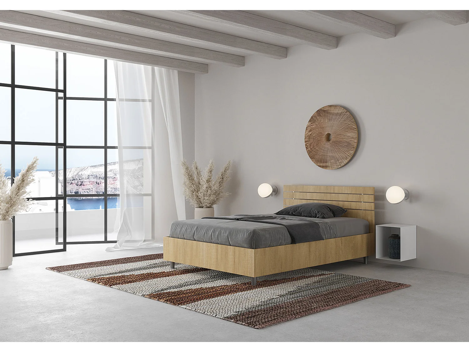 Lit 1 place et demi sans sommier 120x200 tête de lit droite avec des lames chêne nature Ankel