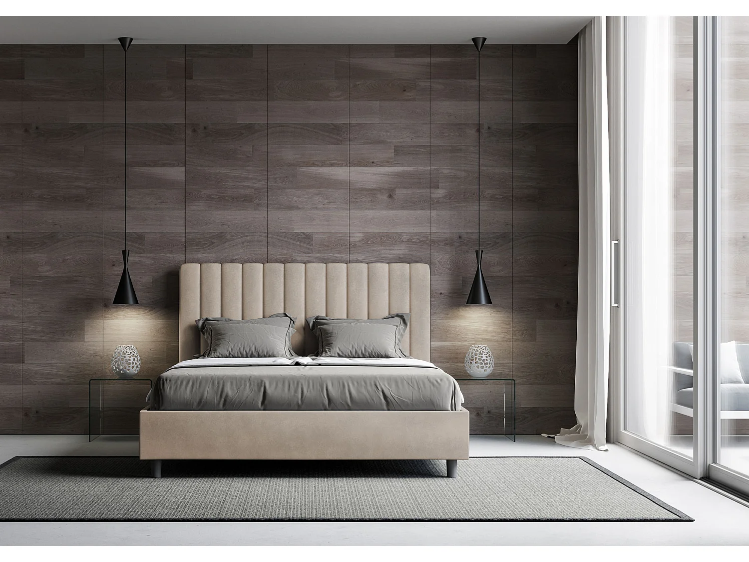 Letto senza rete imbottito 160x190 microfibra sabbia Agueda