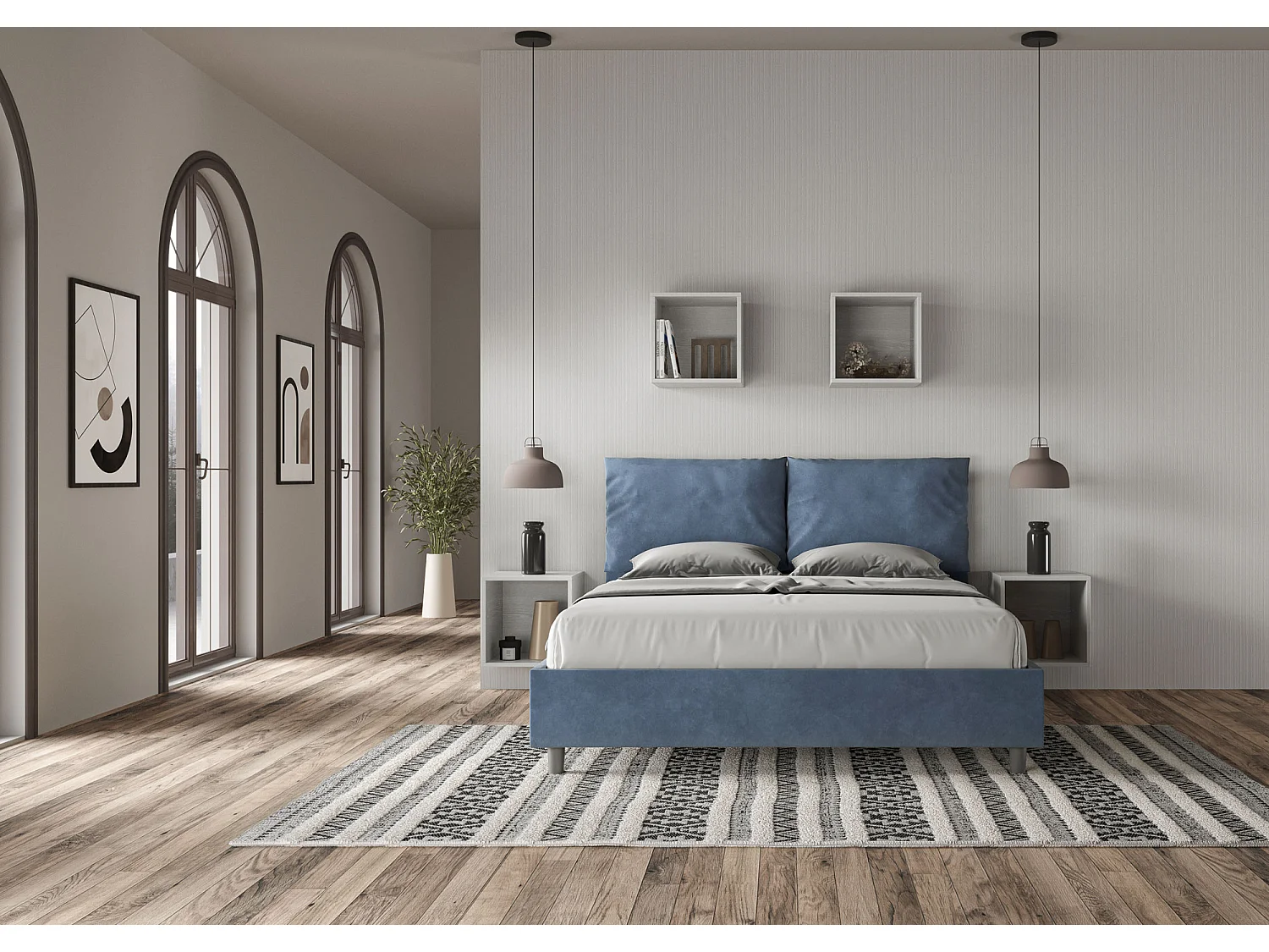 Letto senza rete imbottito 160x190 microfibra blu Antea