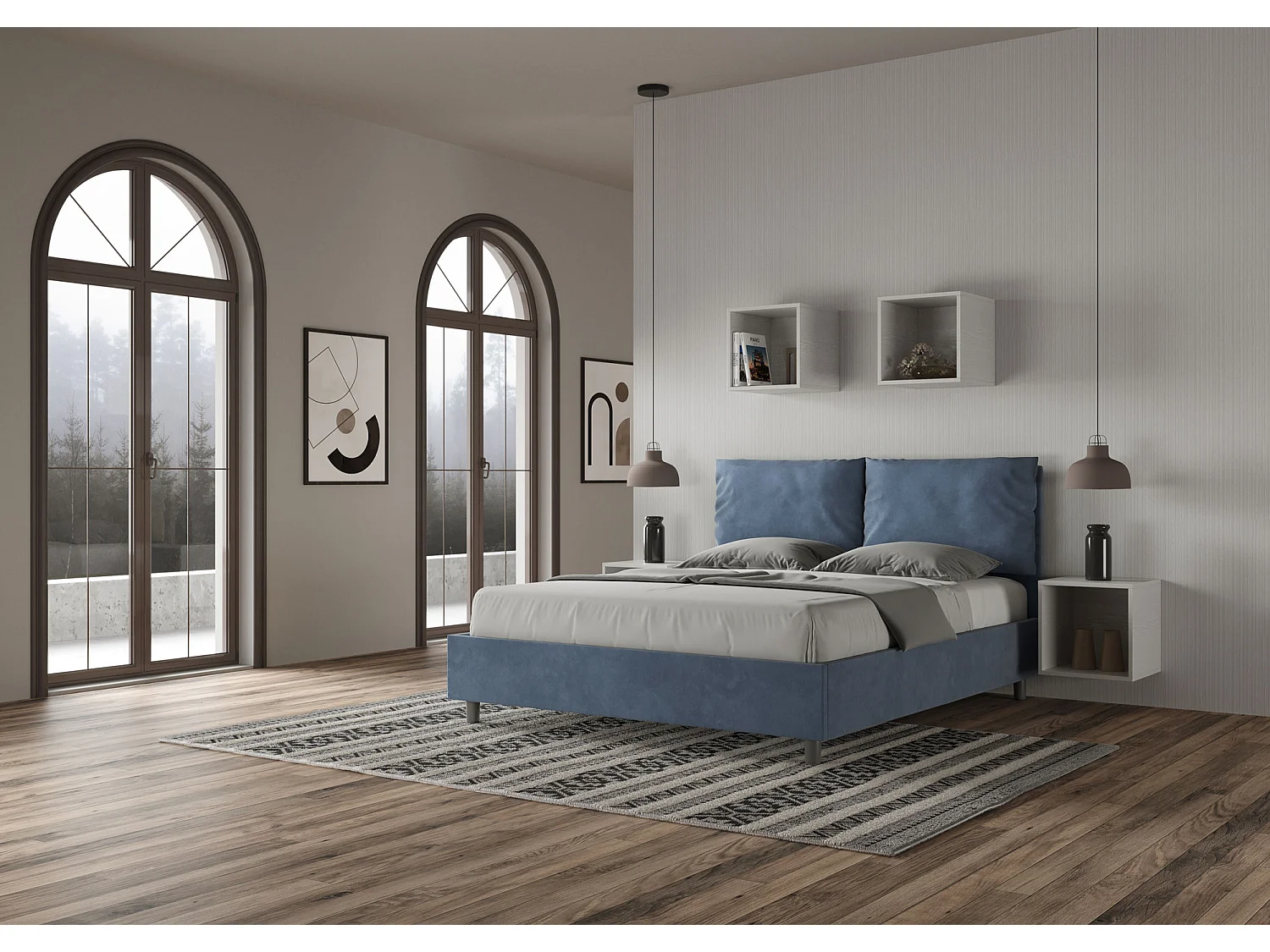 Letto senza rete imbottito 160x190 microfibra blu Antea