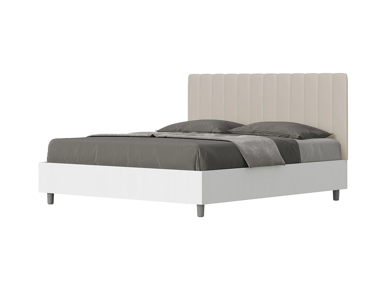 Lit avec sommier 160x200 structure frêne blanc tête de lit similicuir taupe Kaia
