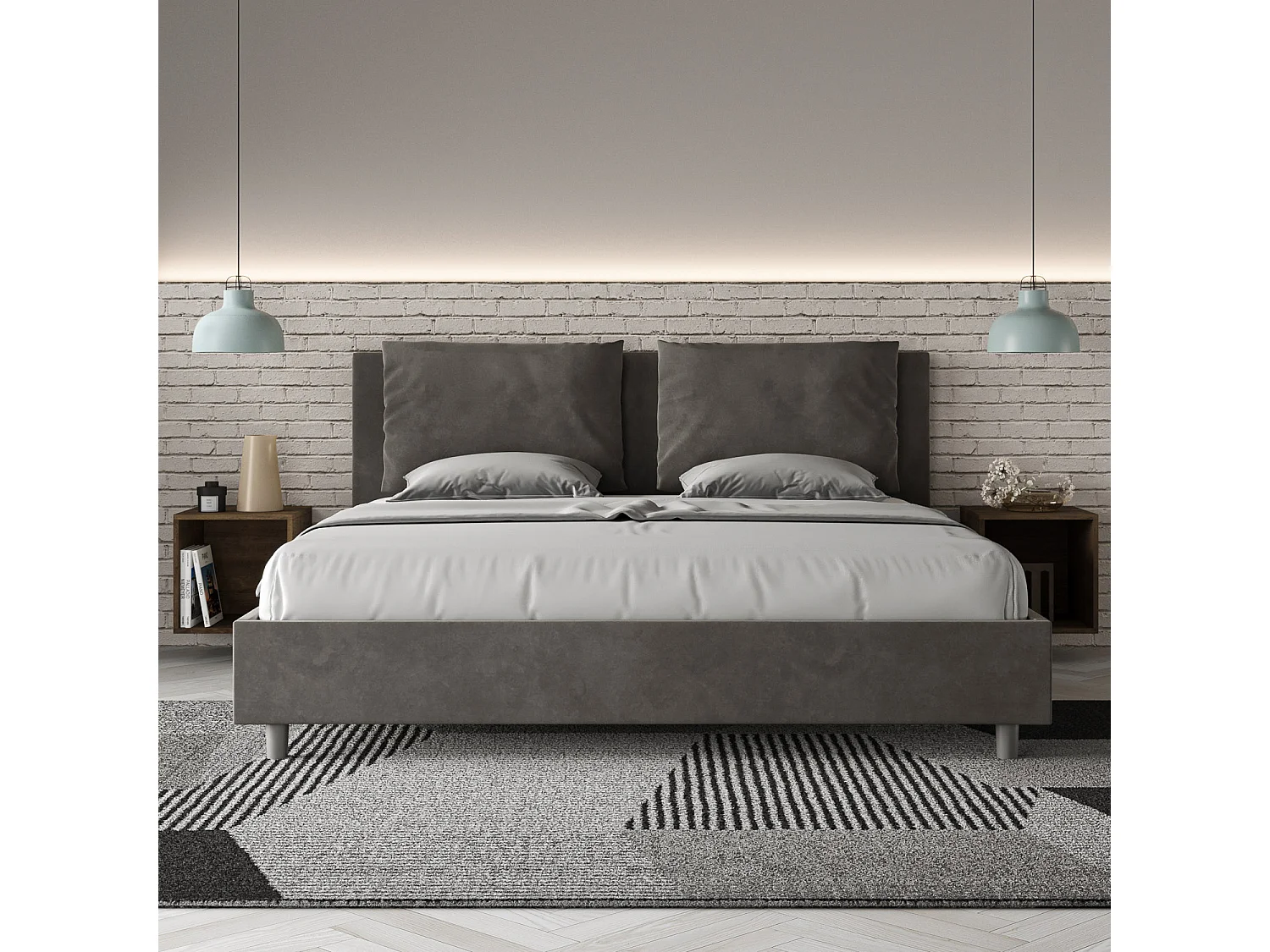Lit avec sommier rembourré 180x190 microfibre gris Antea