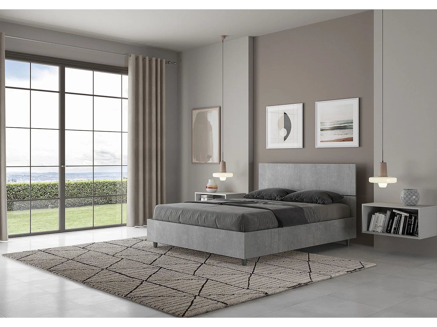 Bed met 140x200 basis, recht hoofdeinde in Demas beton