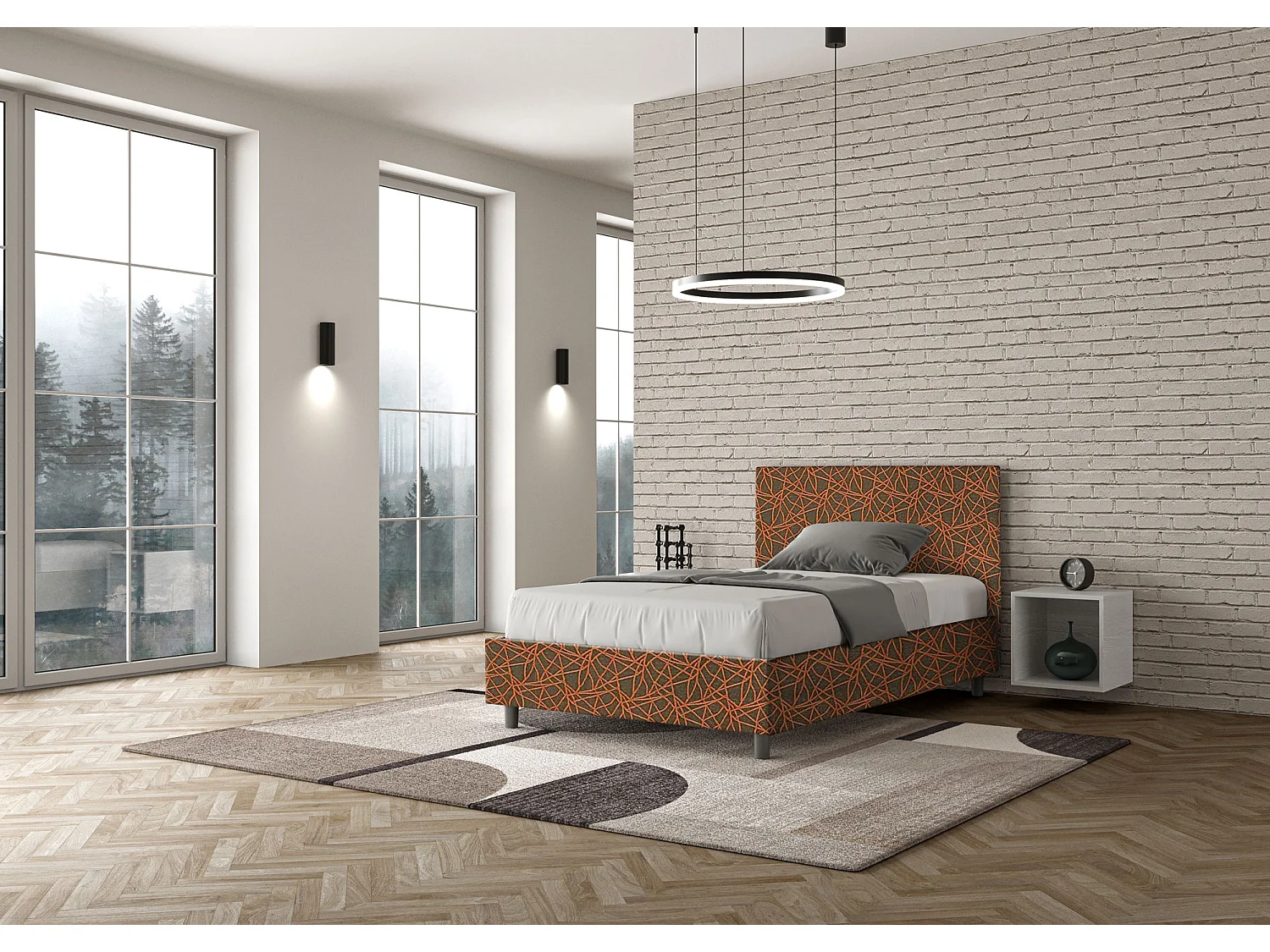 Lit 1 place et demi sans sommier rembourré 120x190 tissu Era 4 orange Adele