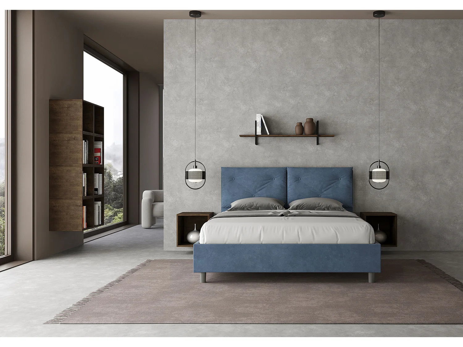 Cama de microfibra azul Appia con base acolchada 160x190