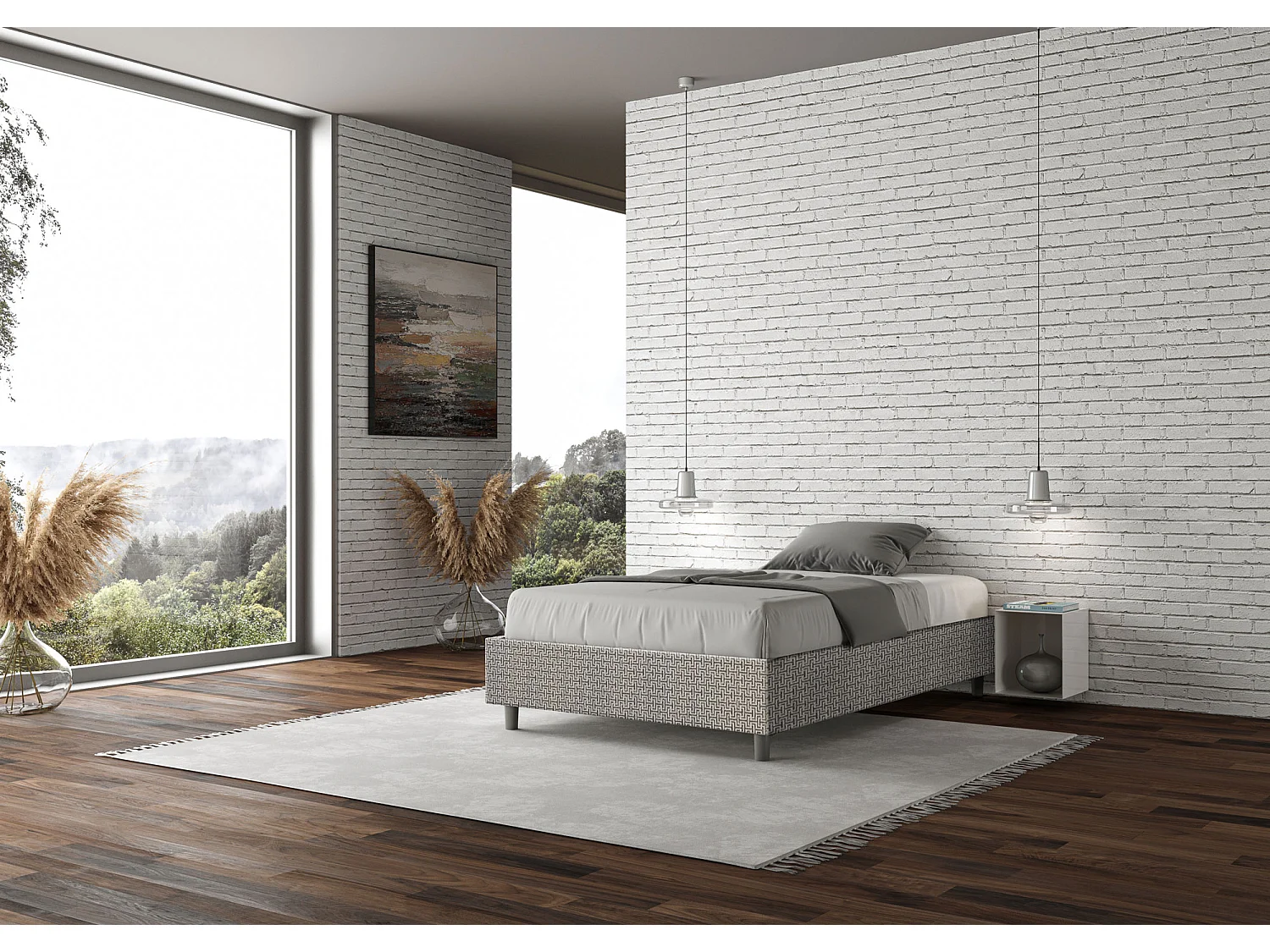 Cadre de lit 1 place et demi sans sommier rembourré 120x200 tissu Labirinto 2 gris Azelia