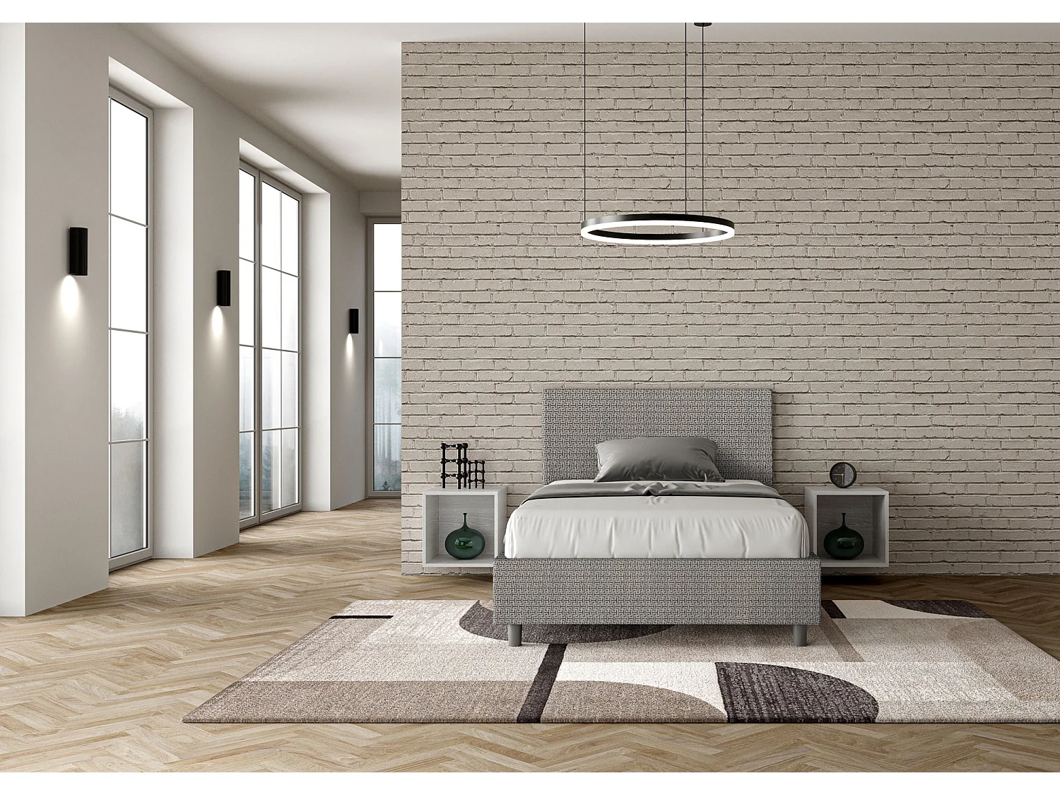 Lit 1 place et demi sans sommier rembourré 120x210 tissu Labirinto 2 gris Adele