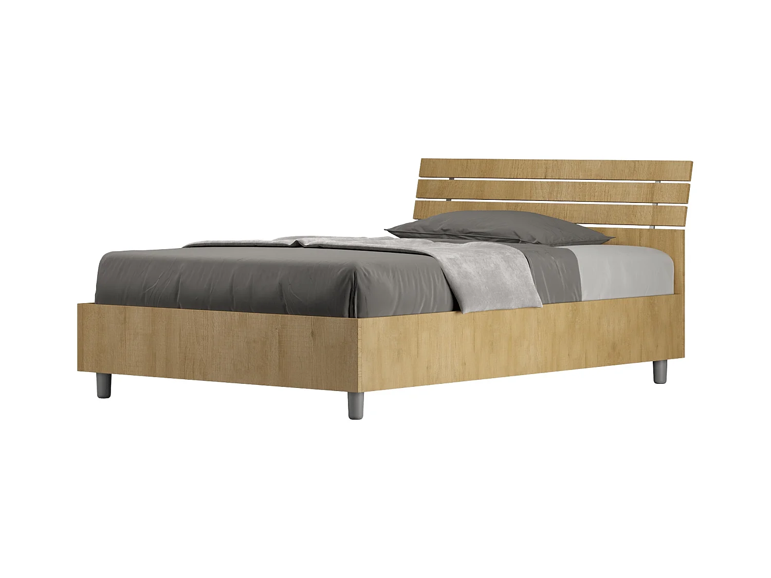 Lit 1 place et demi avec sommier 120x200 tête de lit inclinée avec des lames chêne nature Ankel