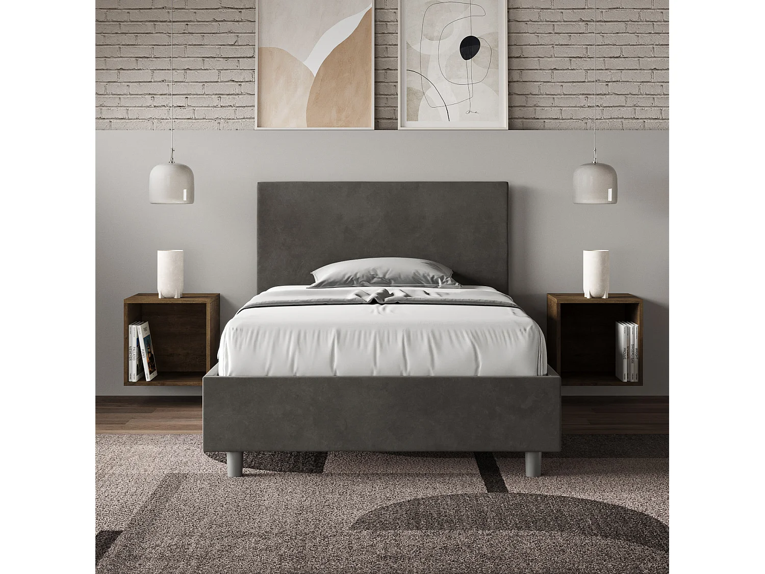 Lit 1 place et demi sans sommier rembourré 120x210 microfibre gris Adele