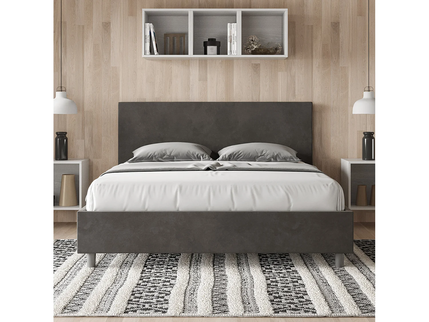 Lit avec sommier rembourré 160x190 microfibre gris Adele