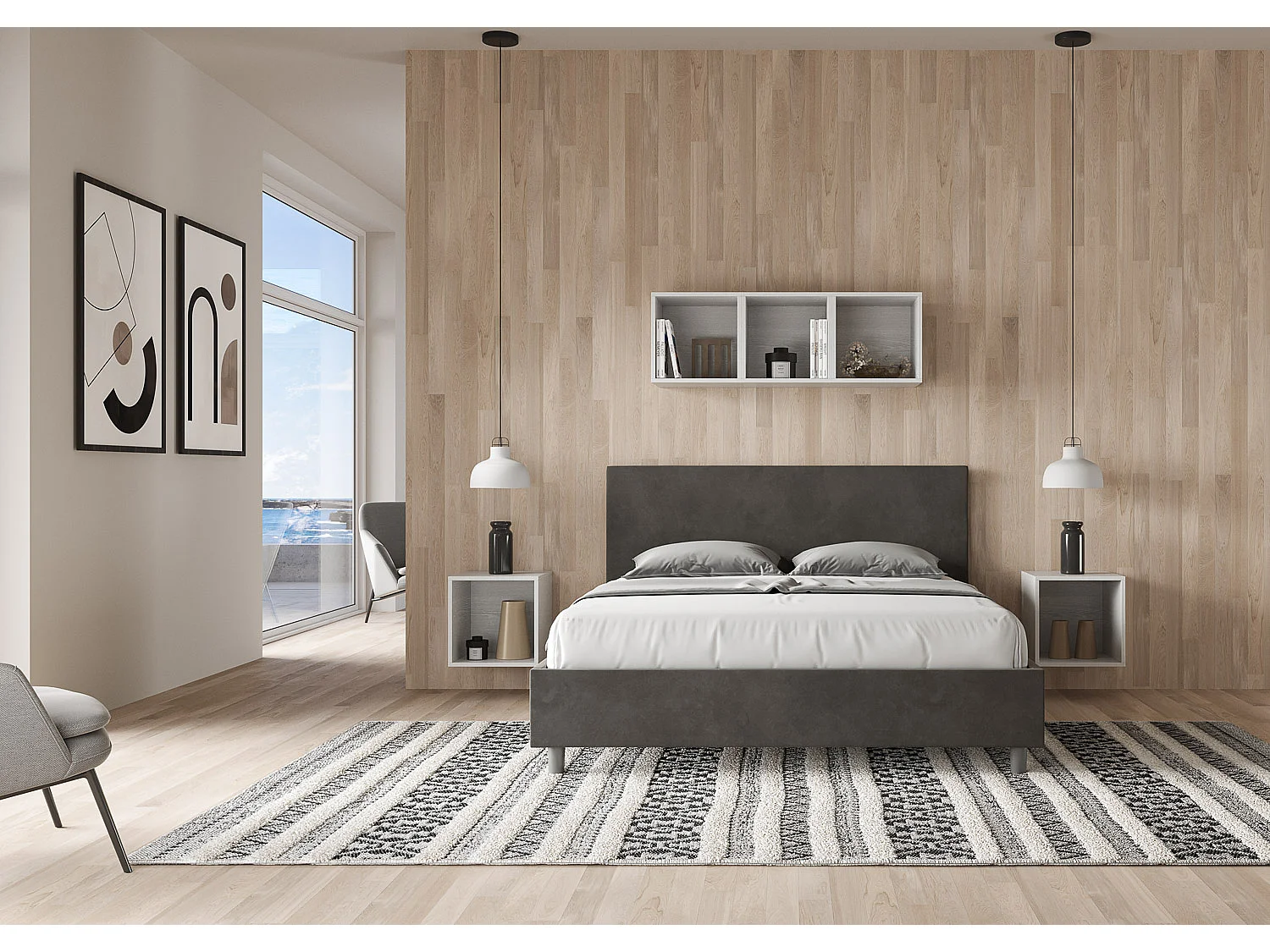 Lit avec sommier rembourré 160x190 microfibre gris Adele