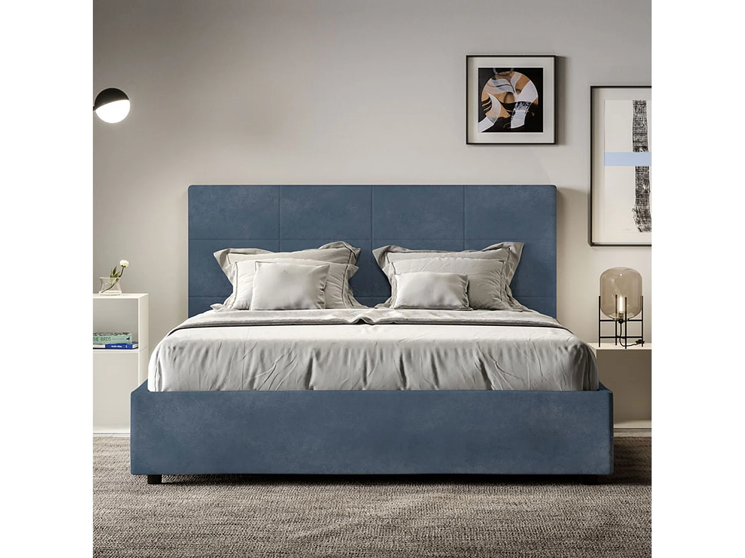 Letto con rete imbottito 140x190 microfibra blu Mika