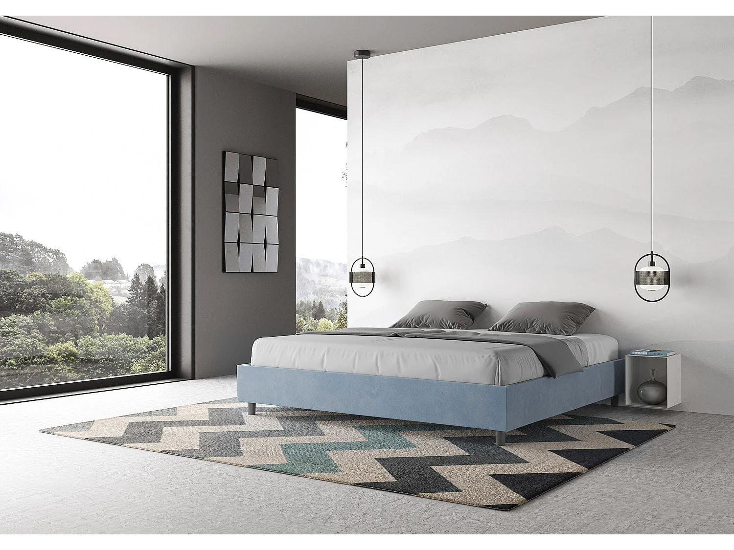 Cadre de lit king size sans sommier rembourré 200x210 microfibre bleu clair Azelia