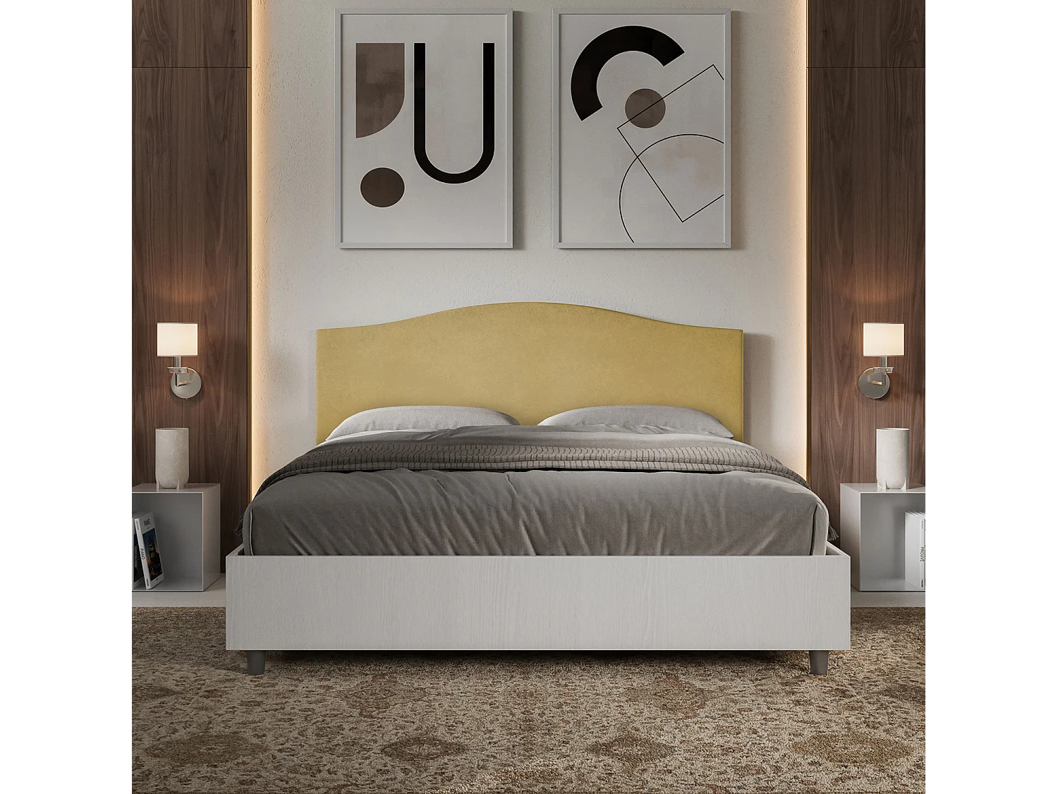 Lit sans sommier 160x190 structure frêne blanc tête de lit microfibre ocre Grace