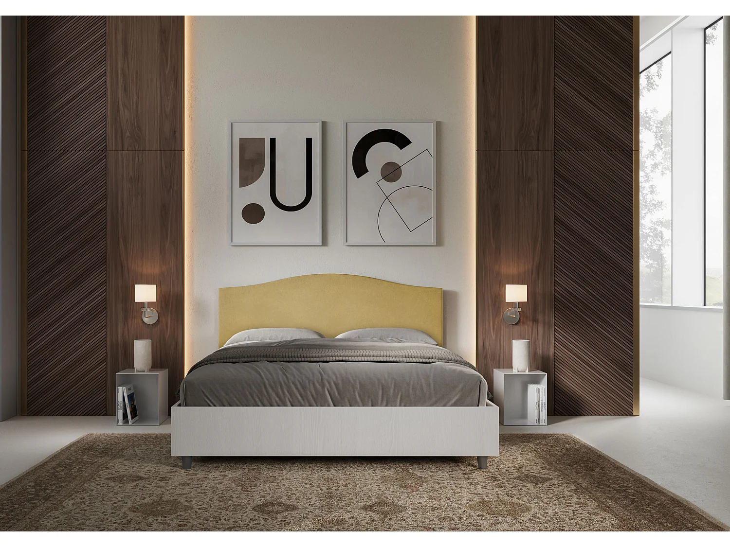 Lit sans sommier 160x190 structure frêne blanc tête de lit microfibre ocre Grace