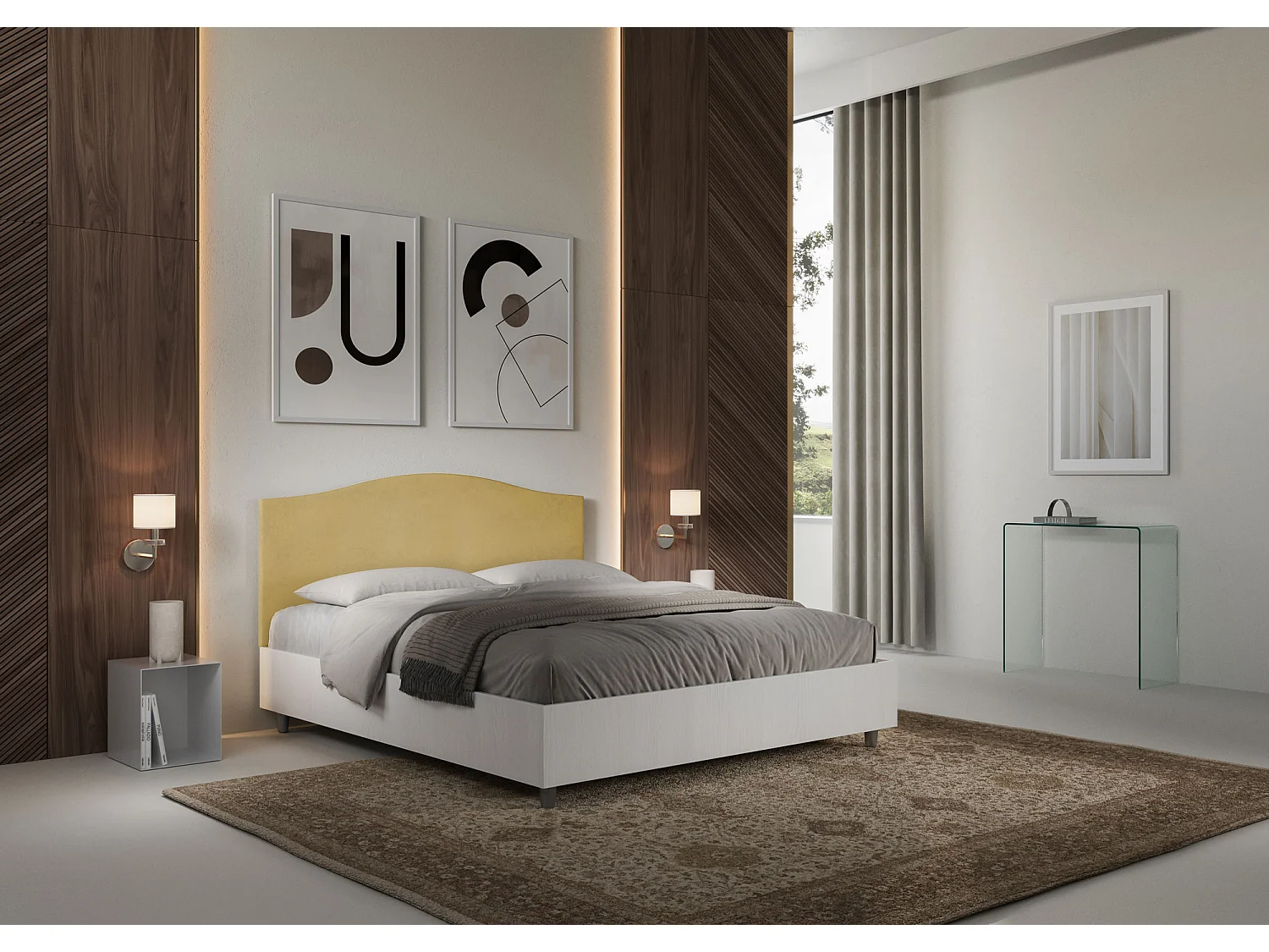 Lit sans sommier 160x190 structure frêne blanc tête de lit microfibre ocre Grace