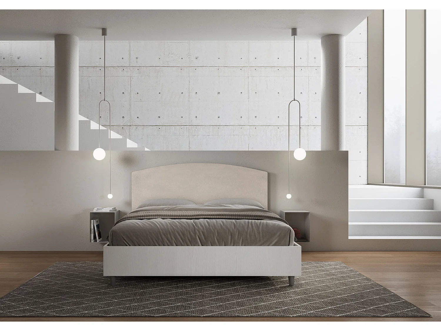 Cama sin somier 160x190 estructura fresno blanco con cabecero de melamina/microfibra color arena Antilia