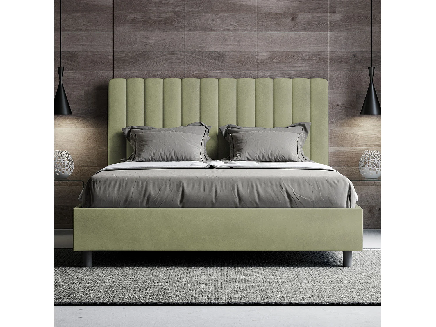 Lit double avec sommier rembourré 140x210 microfibre vert Agueda