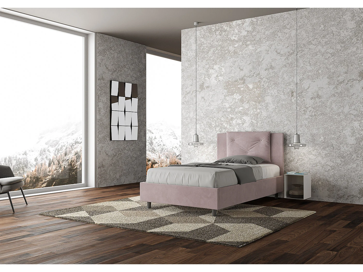 Cama de una plaza y medio con somier acolchada 120x190 microfibra lila Appia