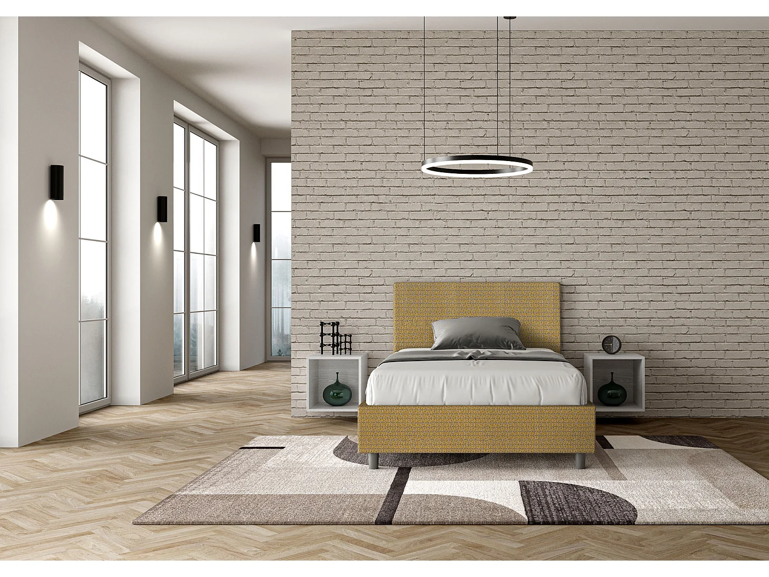 Cama de una plaza y medio con somier acolchada 120x200 tejido Labirinto 6 amarillo Adele