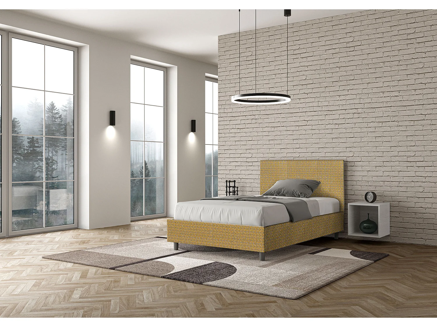 Cama de una plaza y medio con somier acolchada 120x200 tejido Labirinto 6 amarillo Adele
