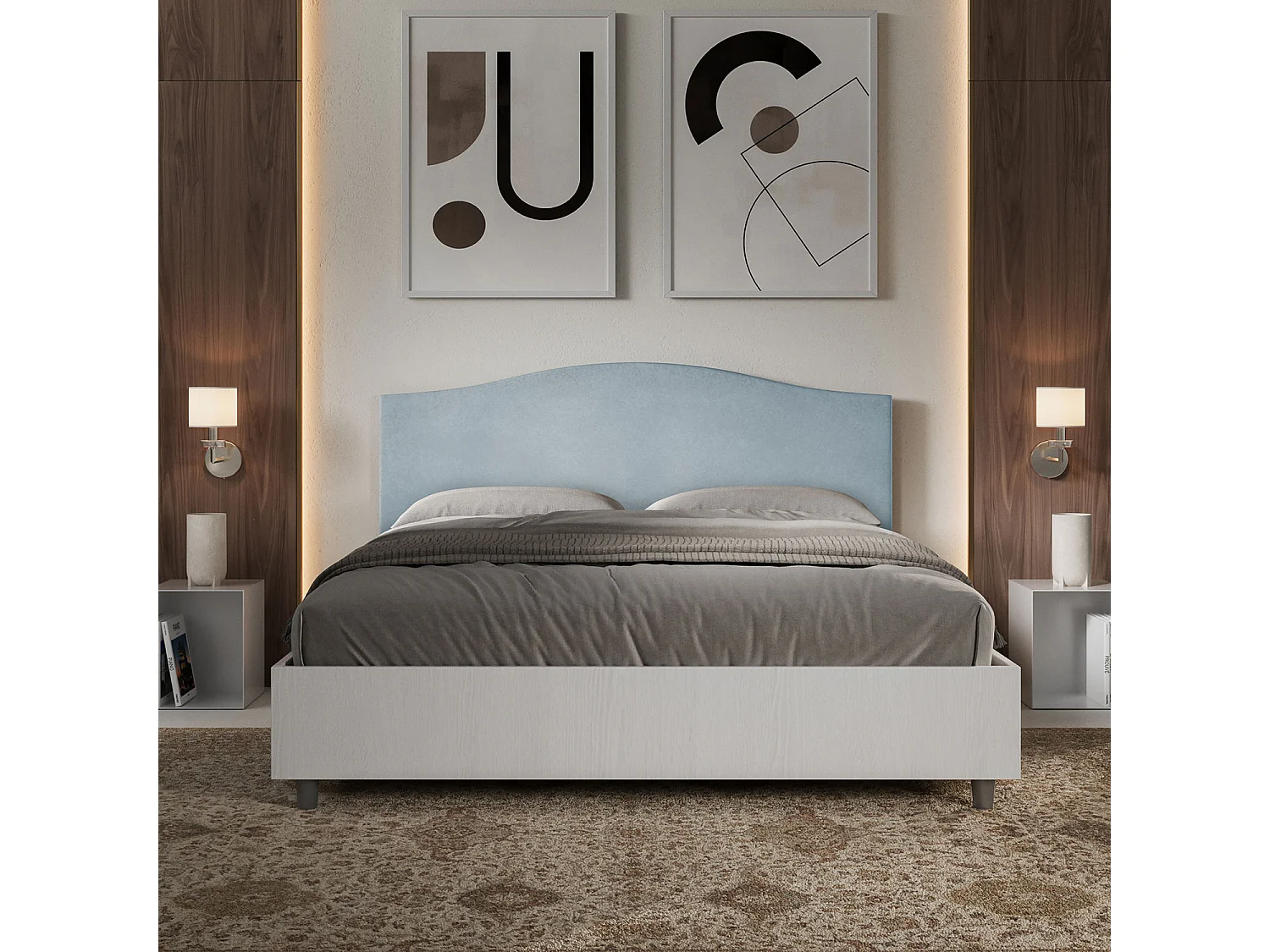 Lit sans sommier 160x190 structure frêne blanc tête de lit microfibre bleu clair Grace