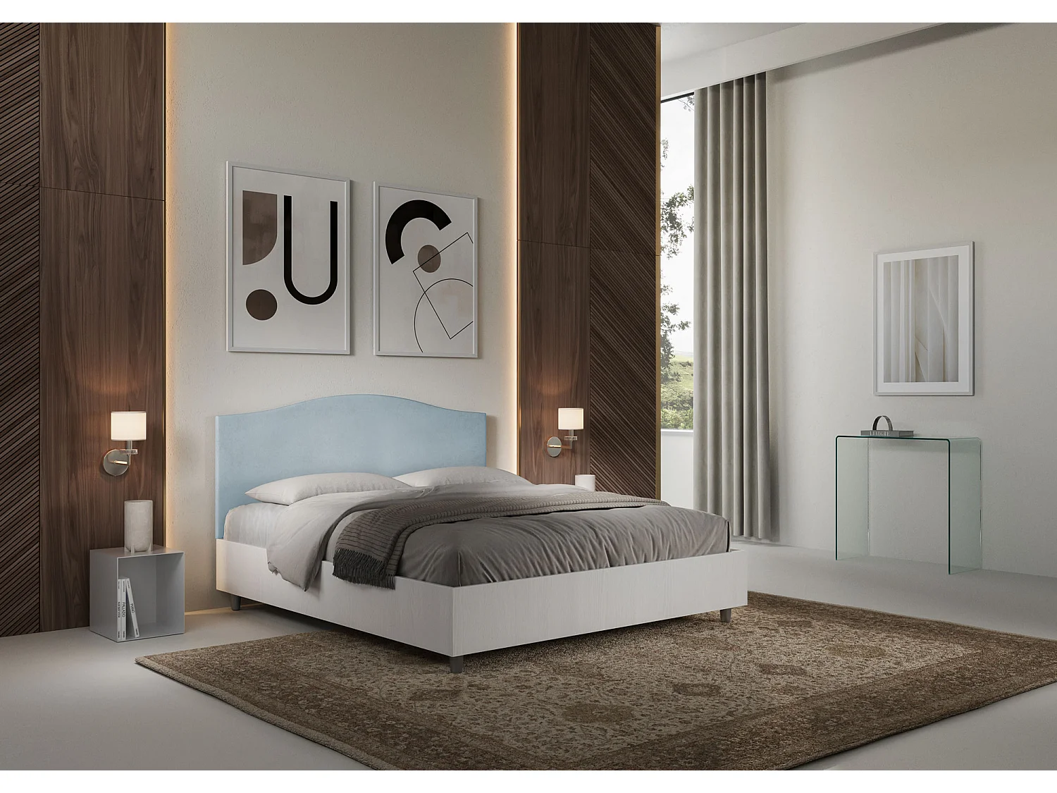 Lit sans sommier 160x190 structure frêne blanc tête de lit microfibre bleu clair Grace