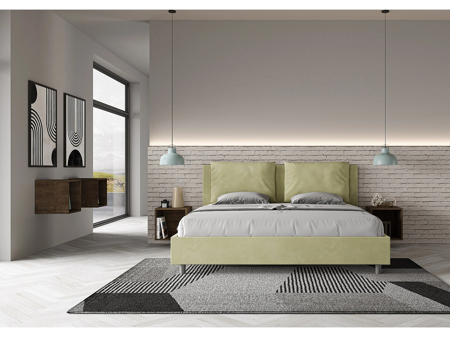 Letto senza rete imbottito 180x200 microfibra tè verde Antea