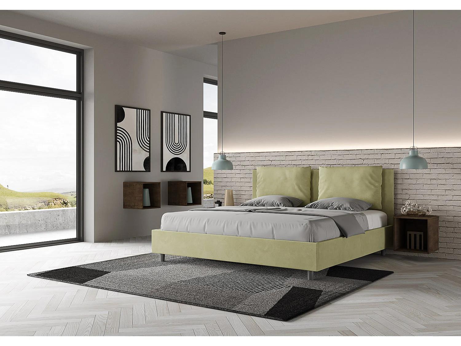 Letto senza rete imbottito 180x200 microfibra tè verde Antea
