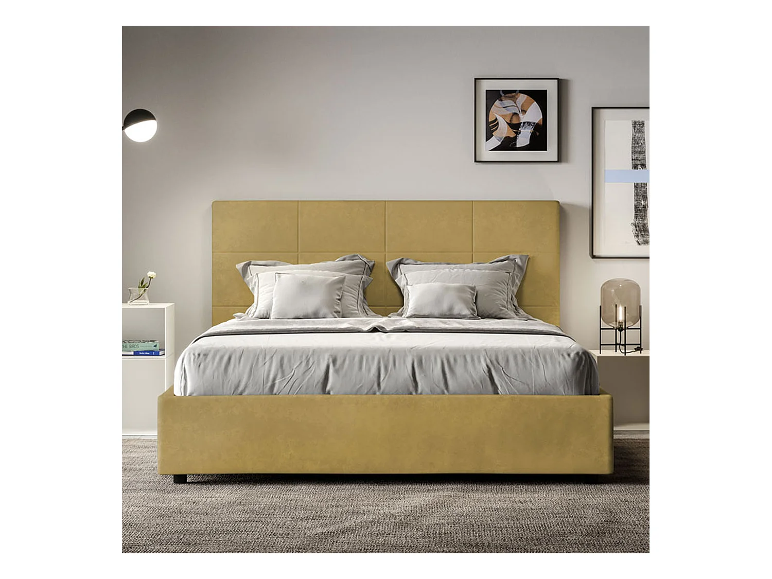 Mika bed met 140x210 gewatteerde basis in okerkleurige microvezel